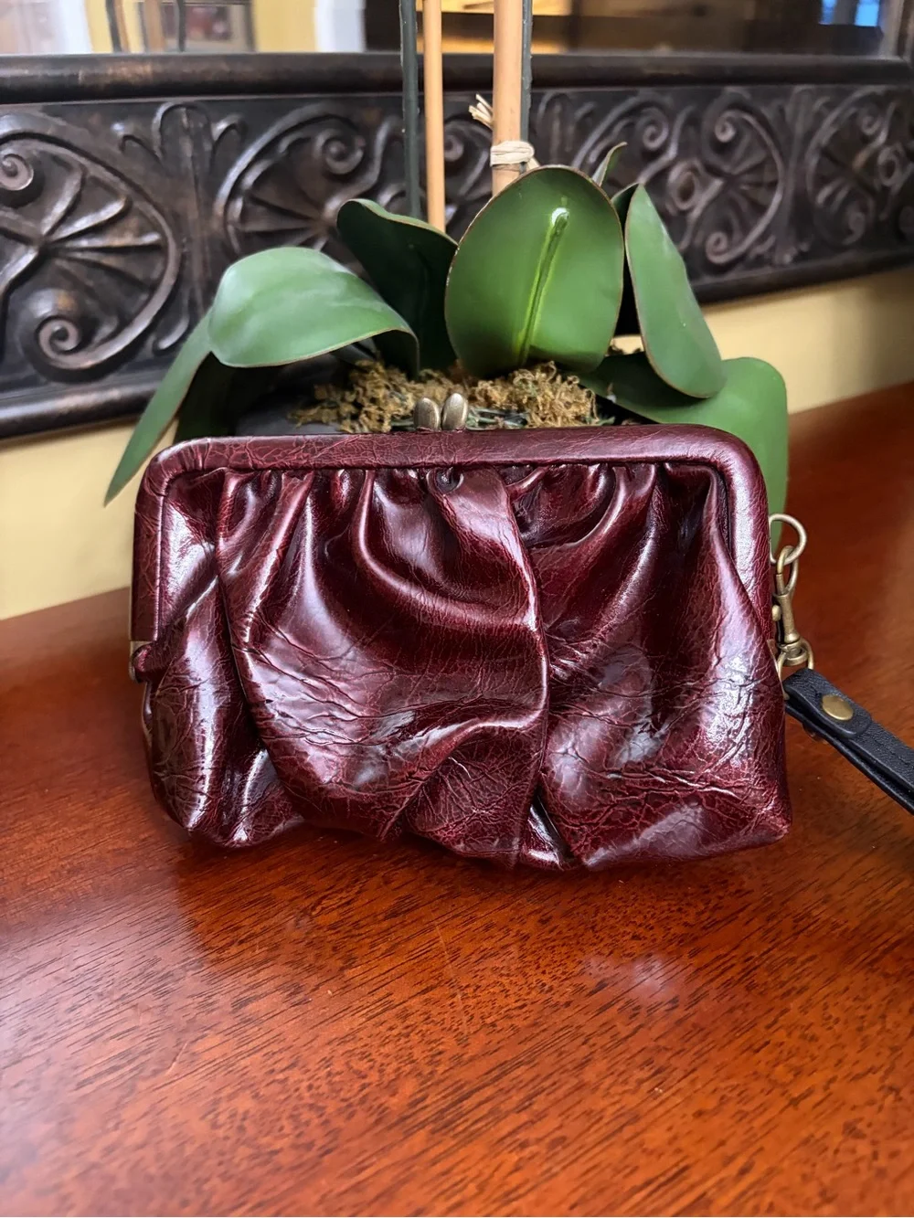 Simply Vera Vera Wang Burgundy Glossy Gathered Wristlet Clutch